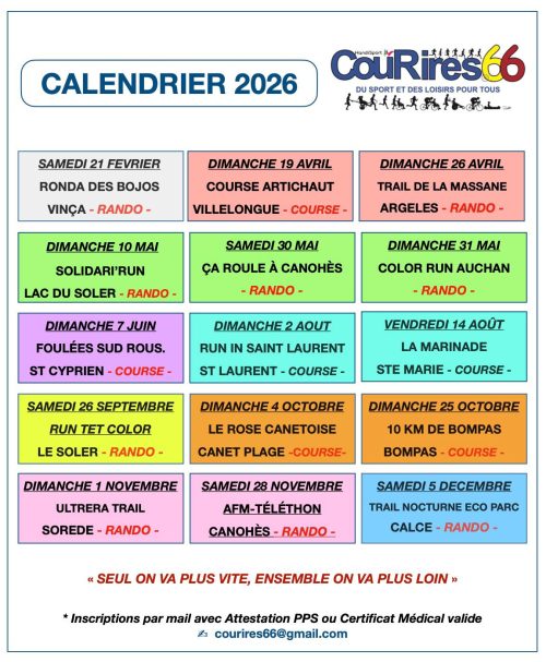 Calendrier 2026, inscription aux courses